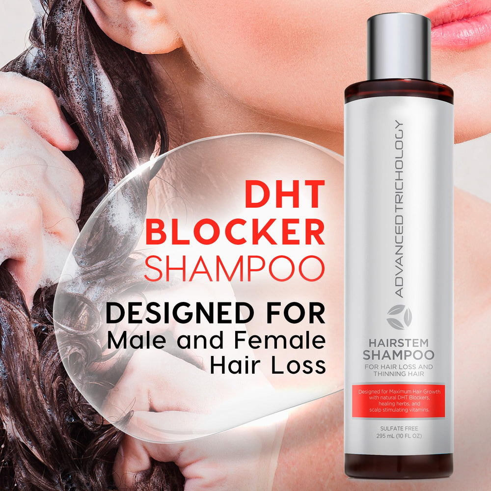 Advanced Trichology HairStem label close-up showing key ingredients for hair support.