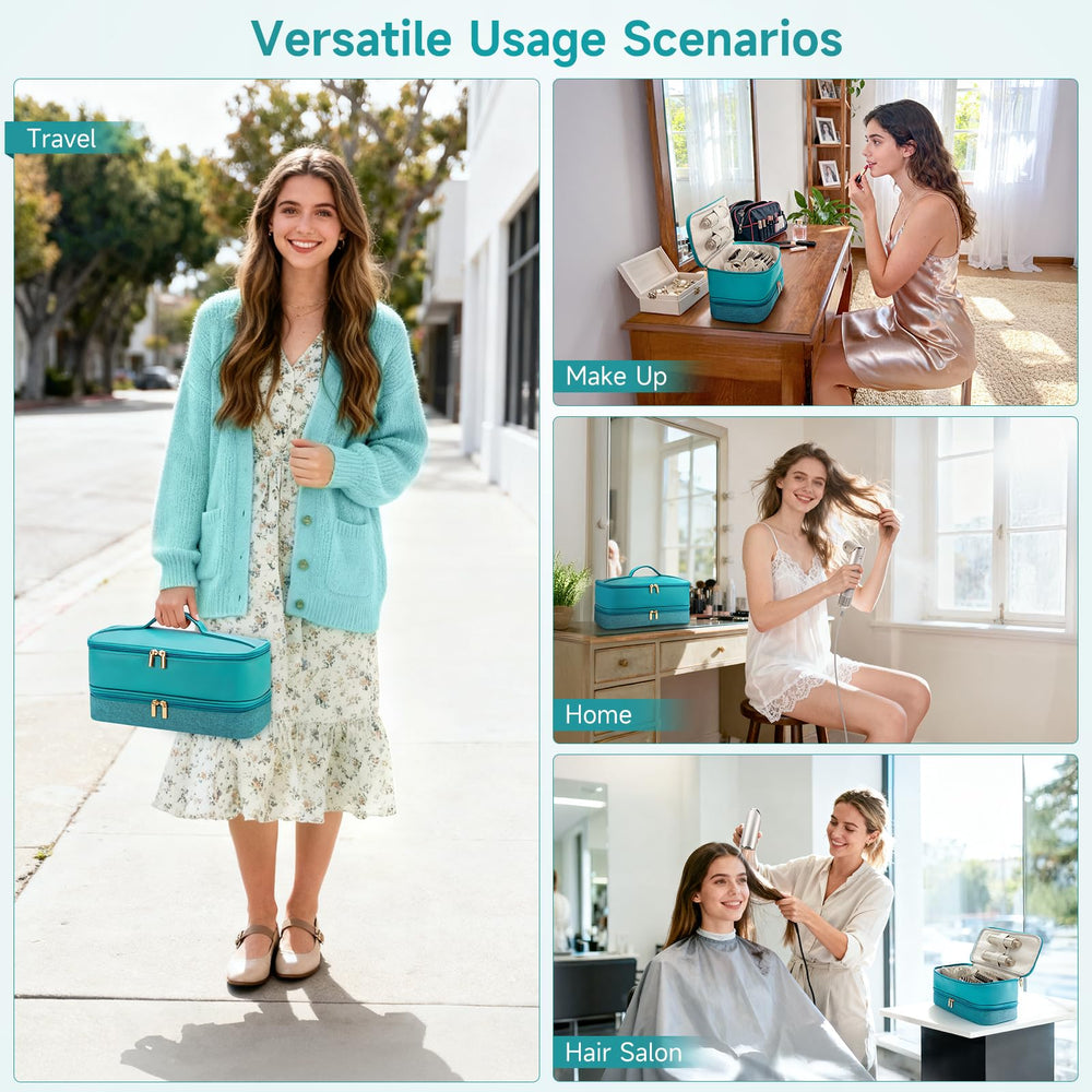 Adworte travel hair dryer case teal compatibility illustration shows broad tool fit