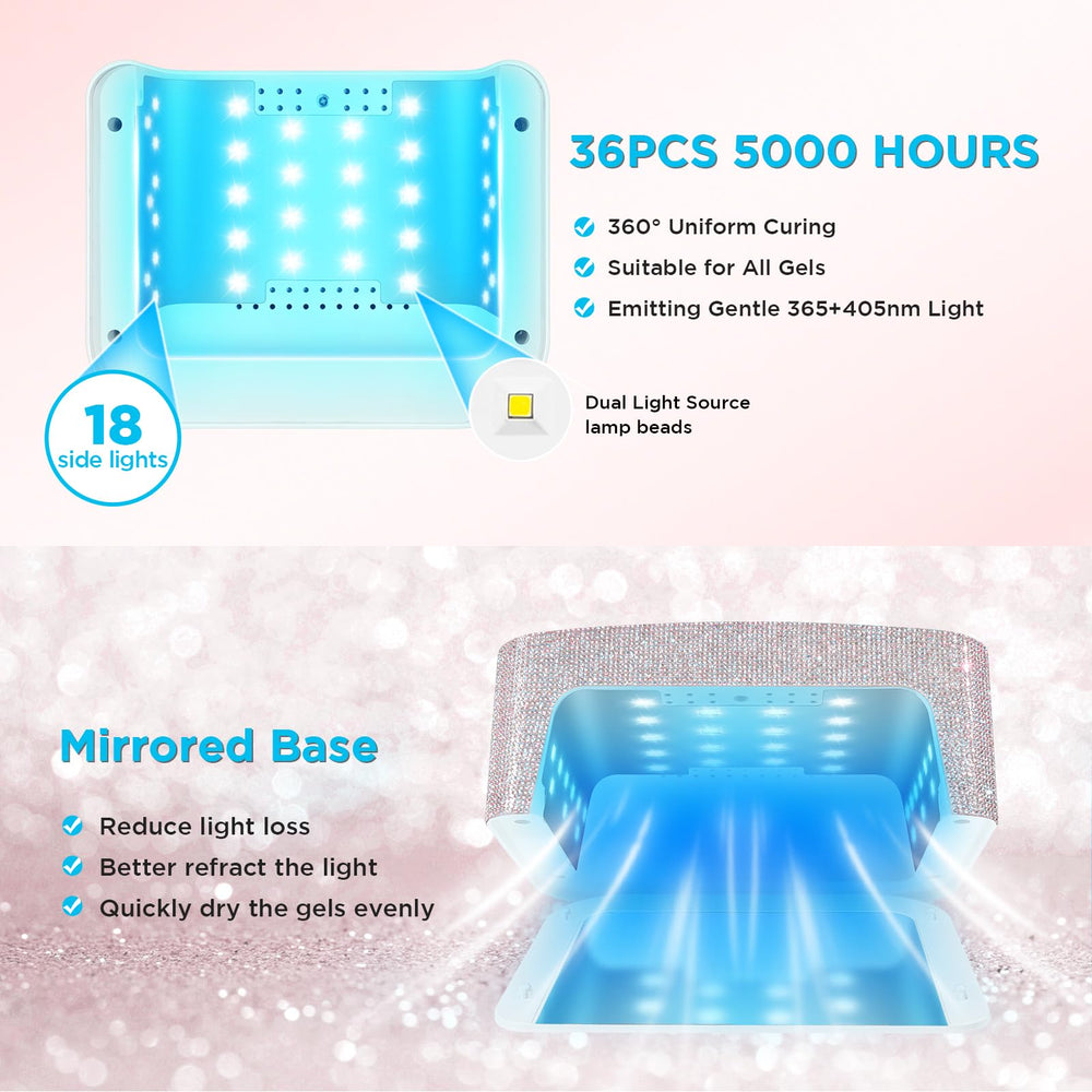 Aedavey Sparkly White nail lamp angled side view highlighting cordless portability.