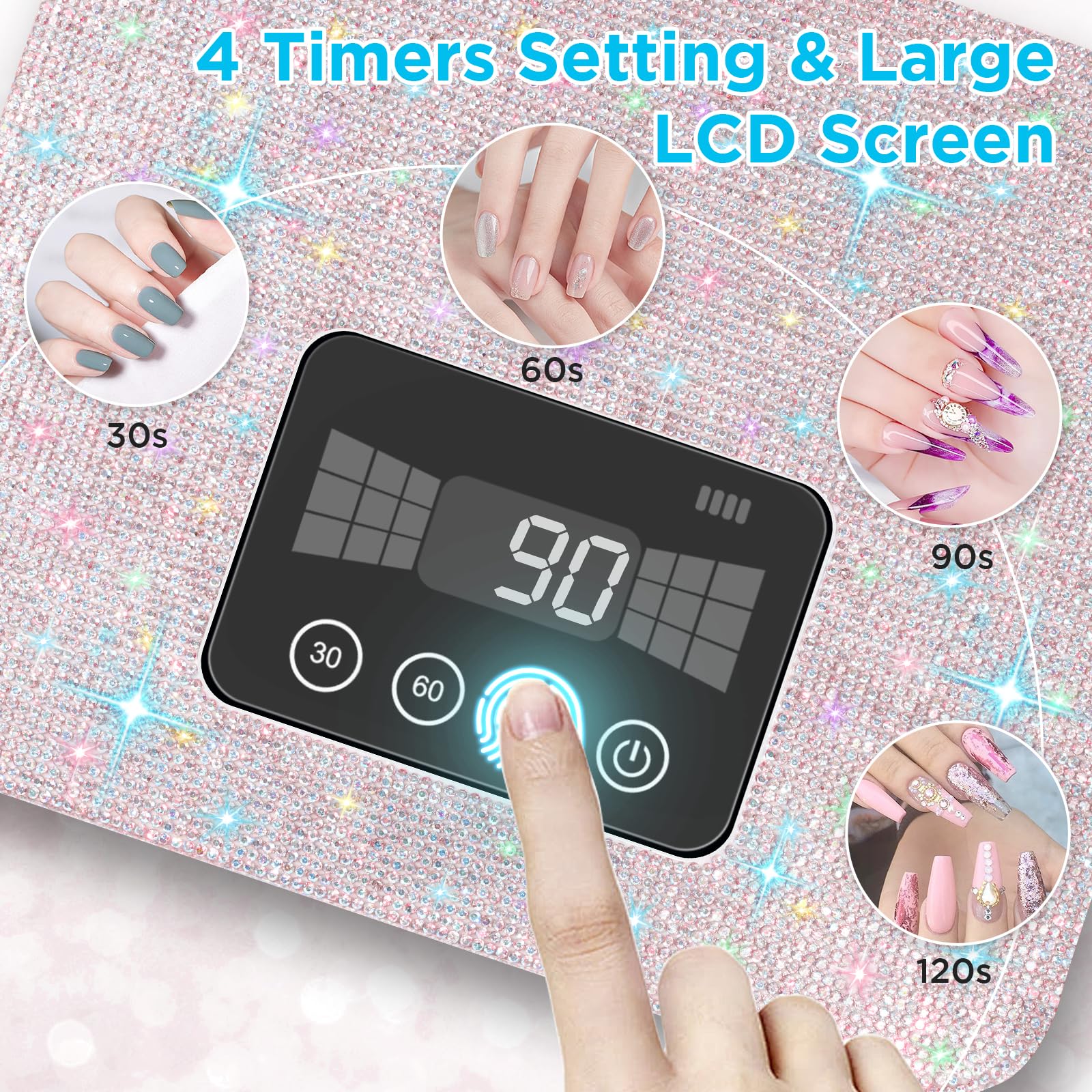 Aedavey Sparkly White nail lamp on charger dock showing cordless operation.