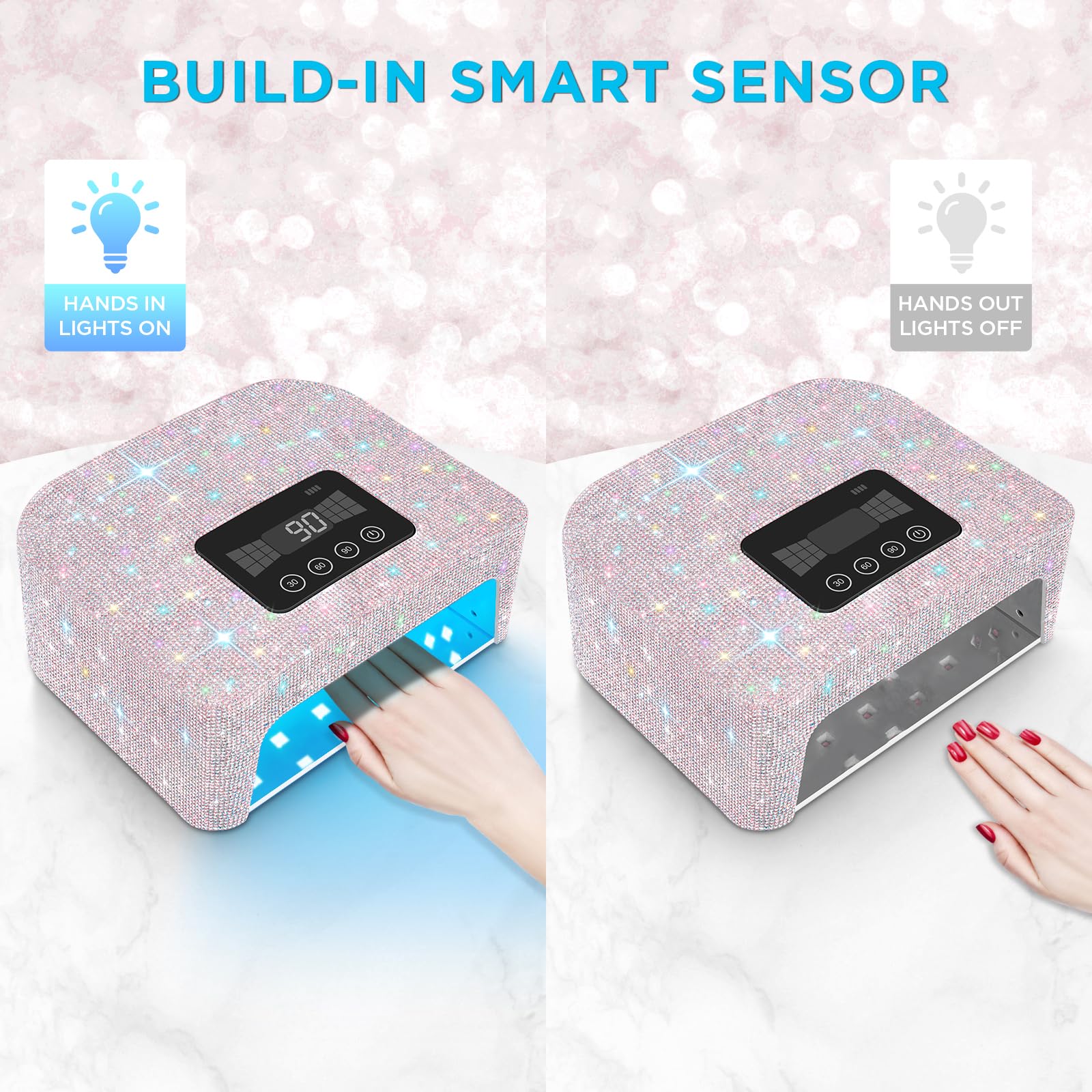 Aedavey Sparkly White nail lamp LCD display showing timer options.