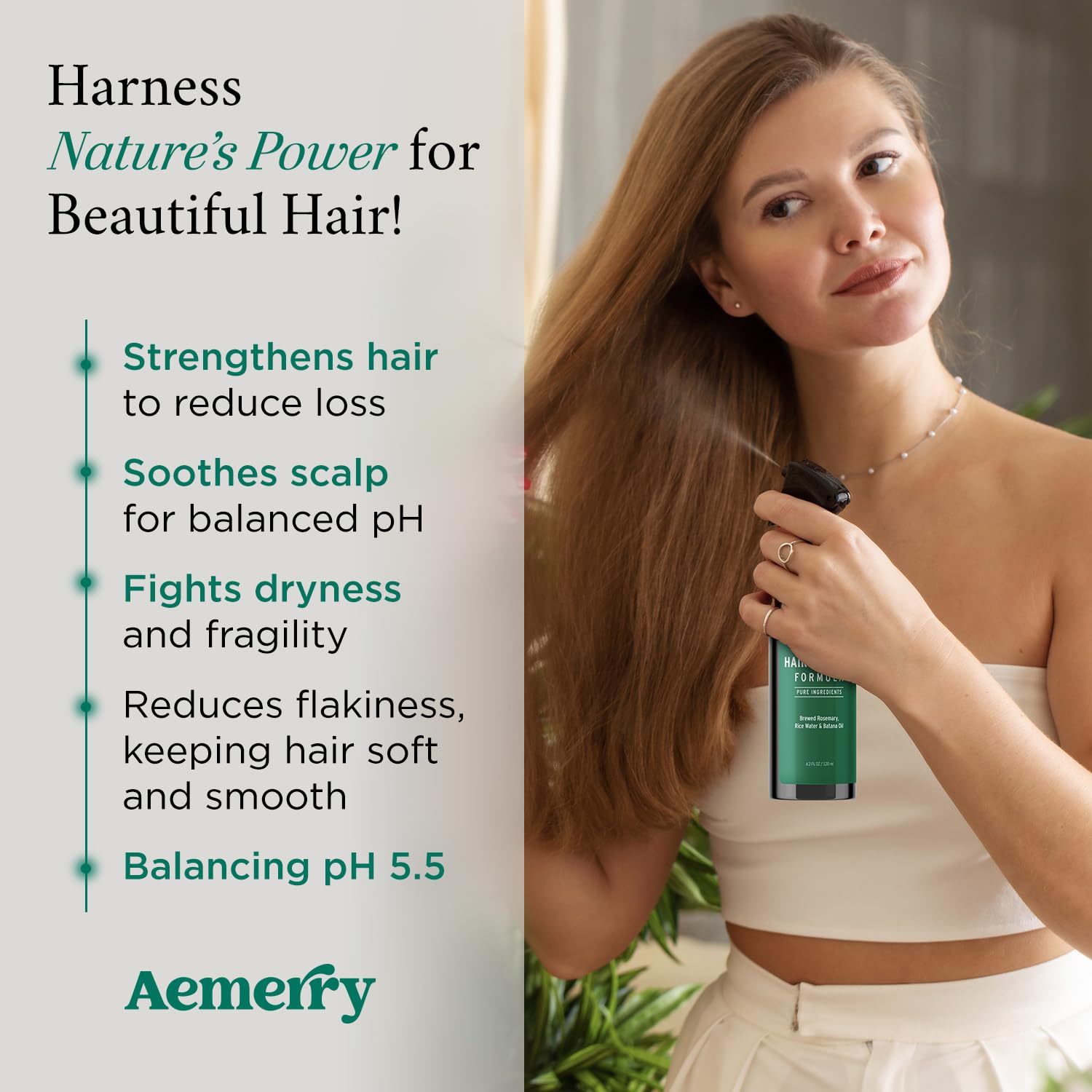Aemerry Rosemary Water Spray applied on scalp for refreshing hair care routine.
