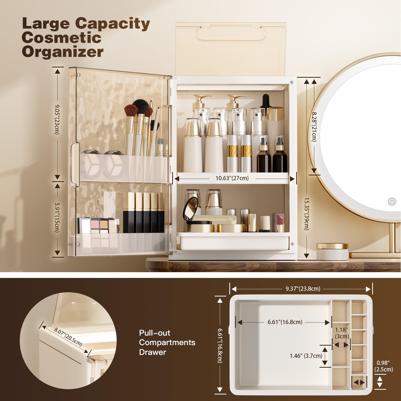 AERCIINC makeup organizer drawer handle folded for easy one handed access