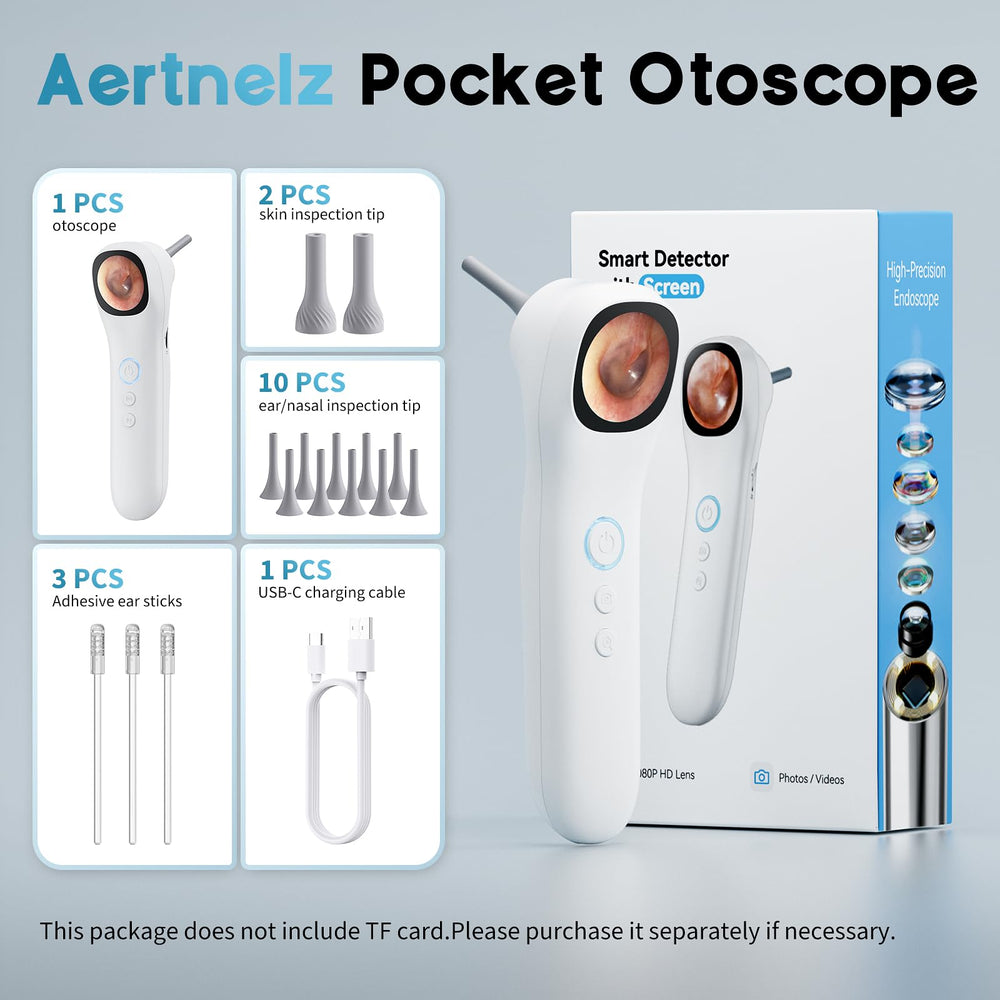 Aertnelz Otoscope Includes tips, swabs, and USB-C cable for complete setup.