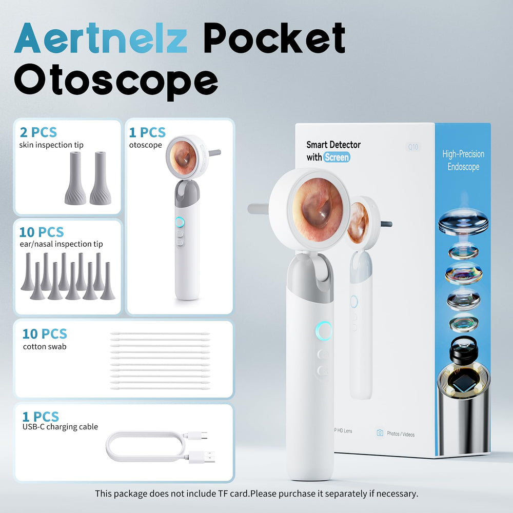 Aertnelz Otoscope packaging includes tips and cotton swabs