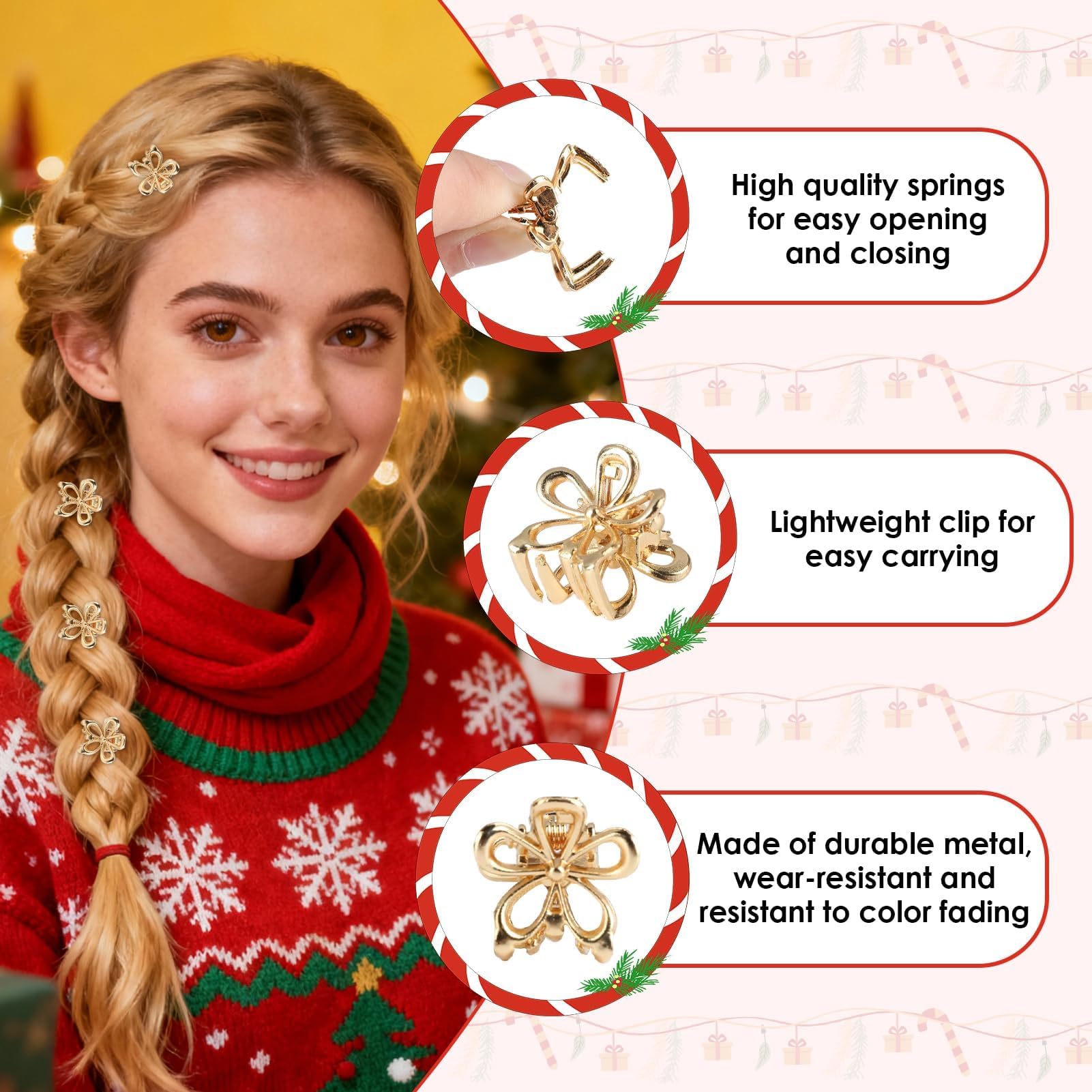 Aesnoun lightweight gold flower clip worn all day for comfortable, subtle style.