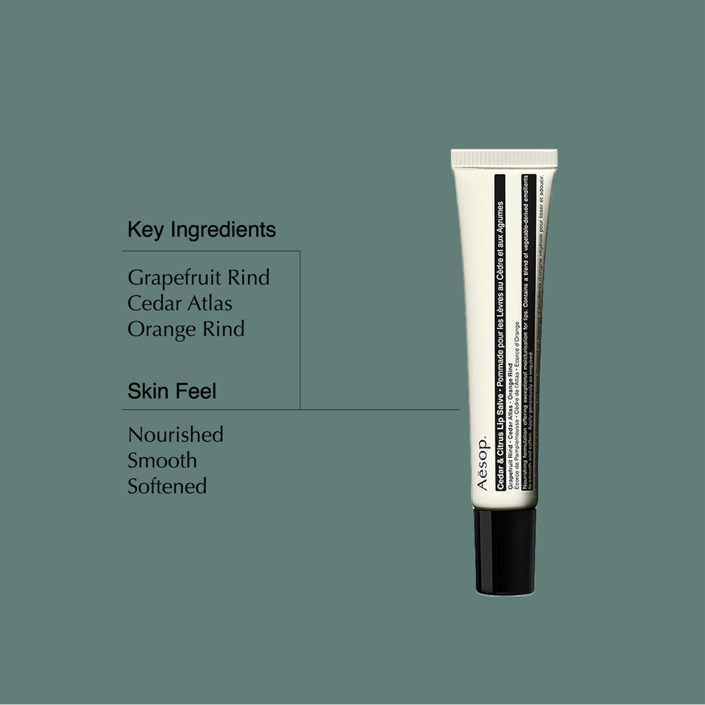 Aesop Cedar & Citrus Lip Balm packshot highlighting compact tube for on-the-go moisture