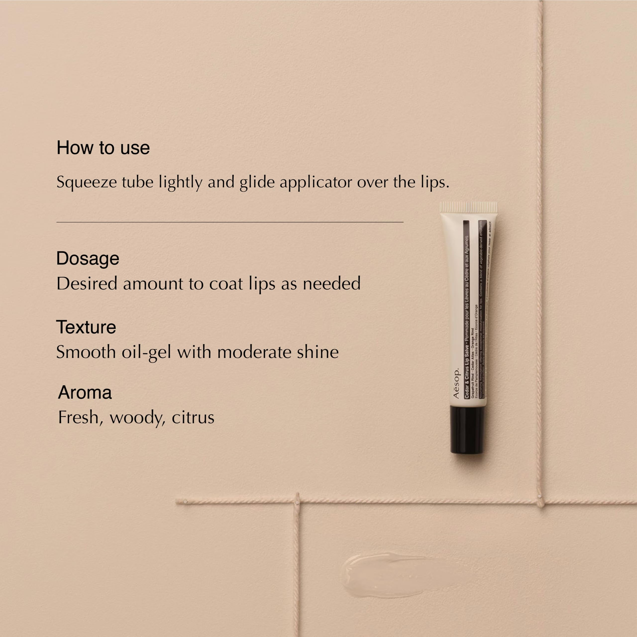 Aesop Cedar & Citrus Lip Balm silky-glide texture delivering light shine and non-stick finish