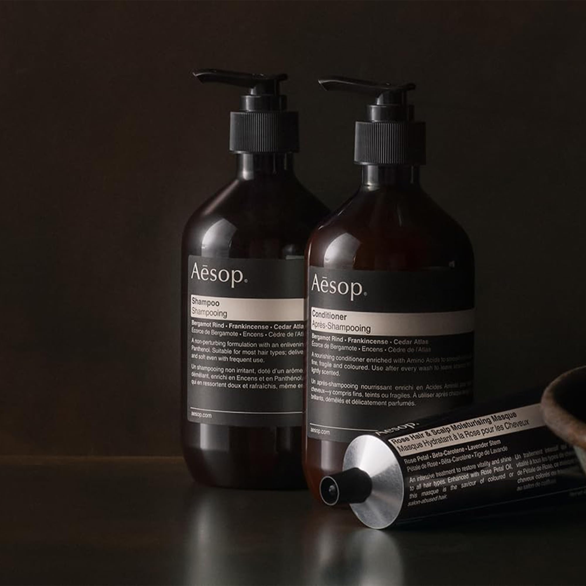 Aesop conditioner packaging shows recycled plastic bottle and vegan, cruelty-free labeling.