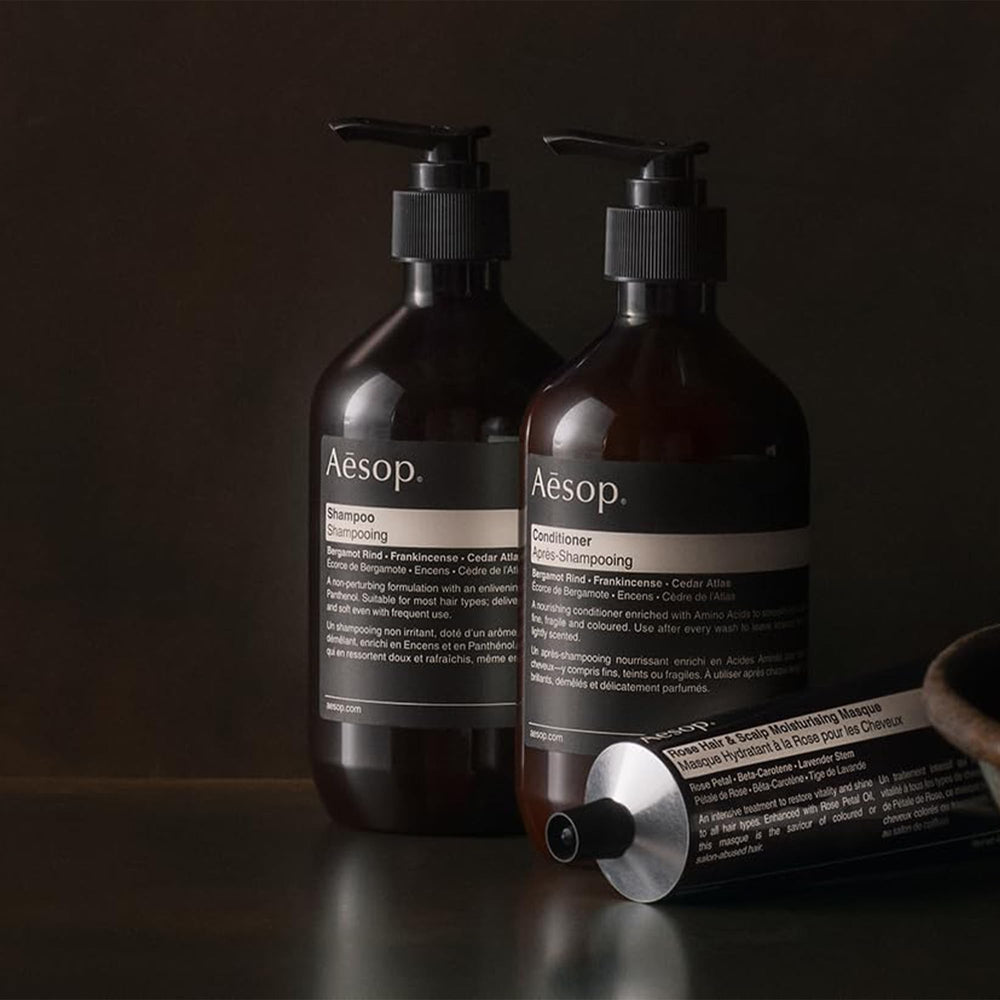 Aesop conditioner packaging shows recycled plastic bottle and vegan, cruelty-free labeling.