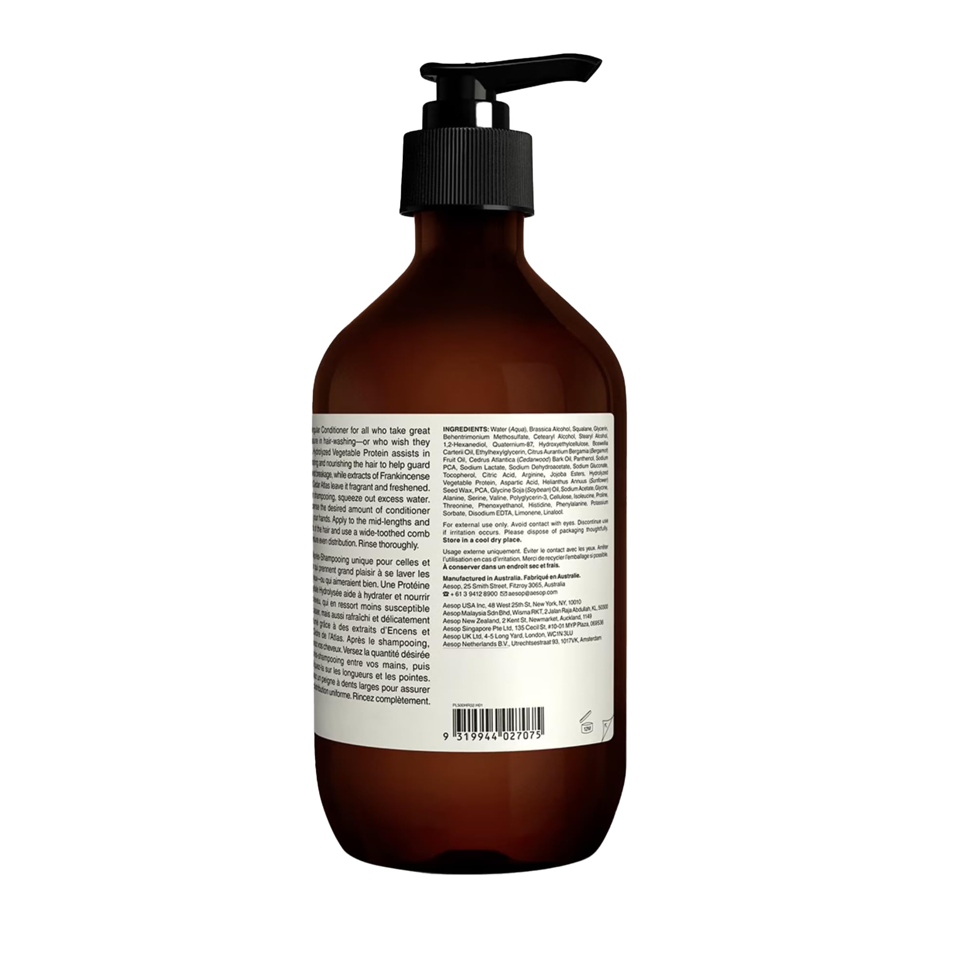 Aesop conditioner with citrus-earthy-woody scent inviting a spa-like sensory ritual.
