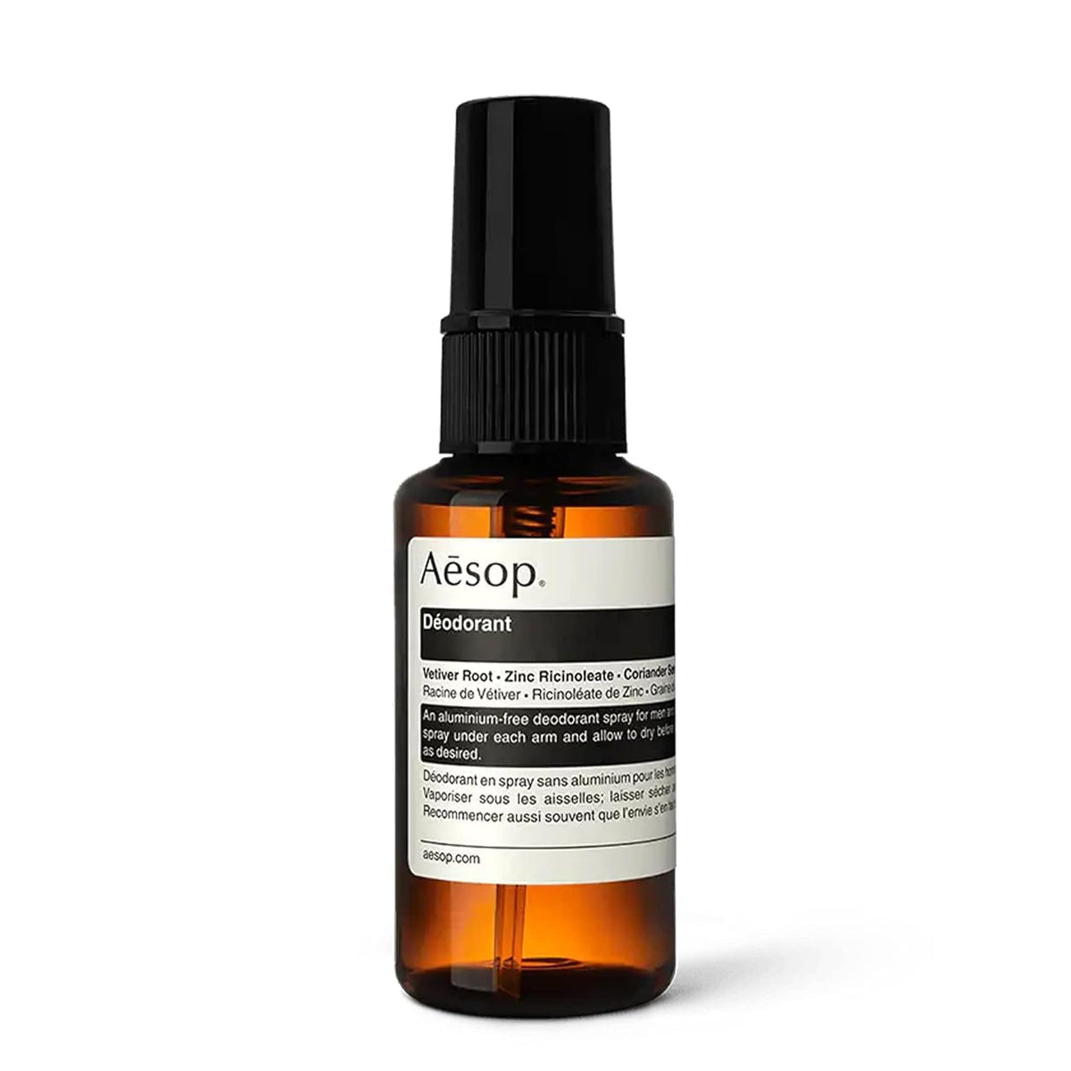 Aesop Deodorant Spray bottle with woody aroma delivering long-lasting freshness.