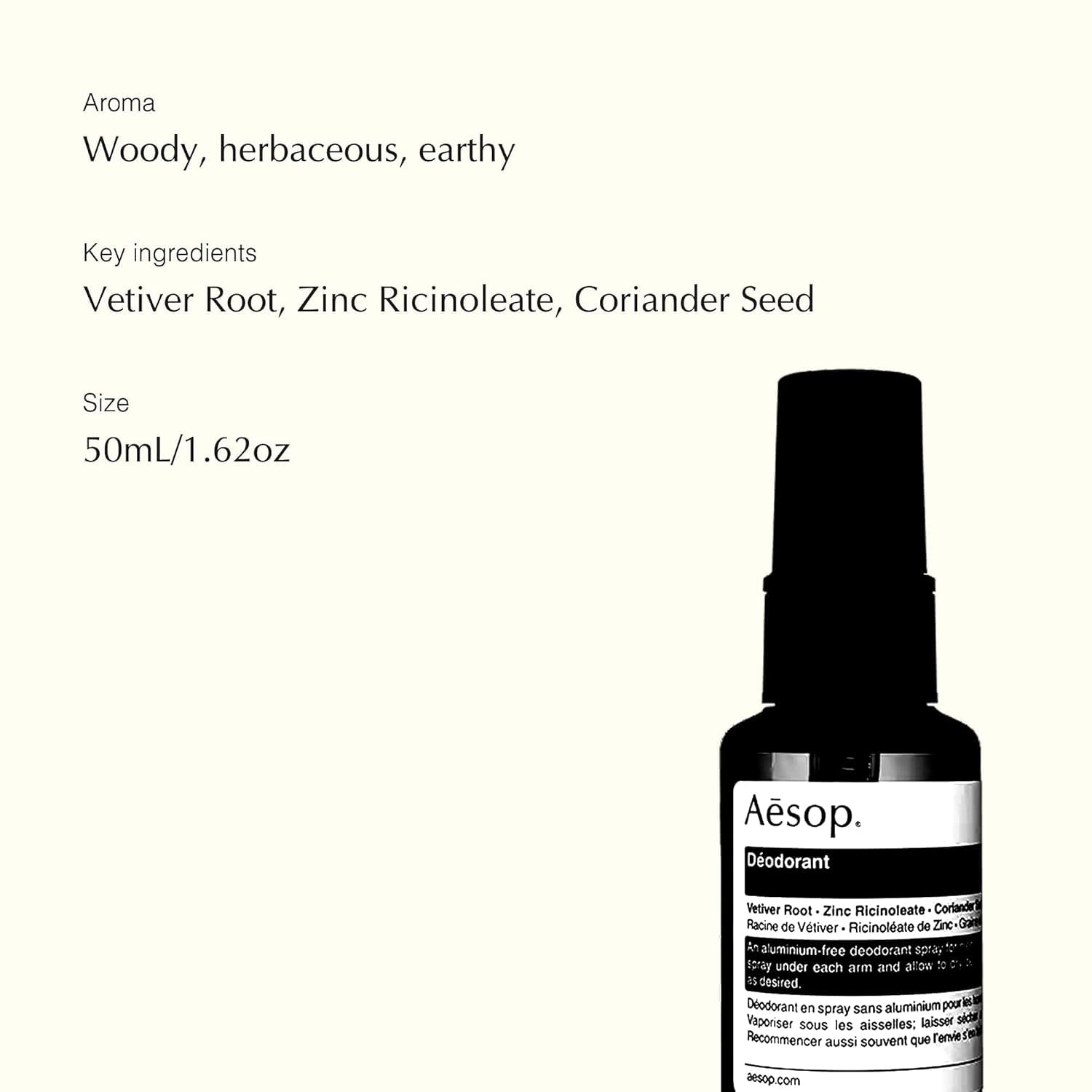 Aesop Deodorant Spray eco-packaging signals recyclable bottle.