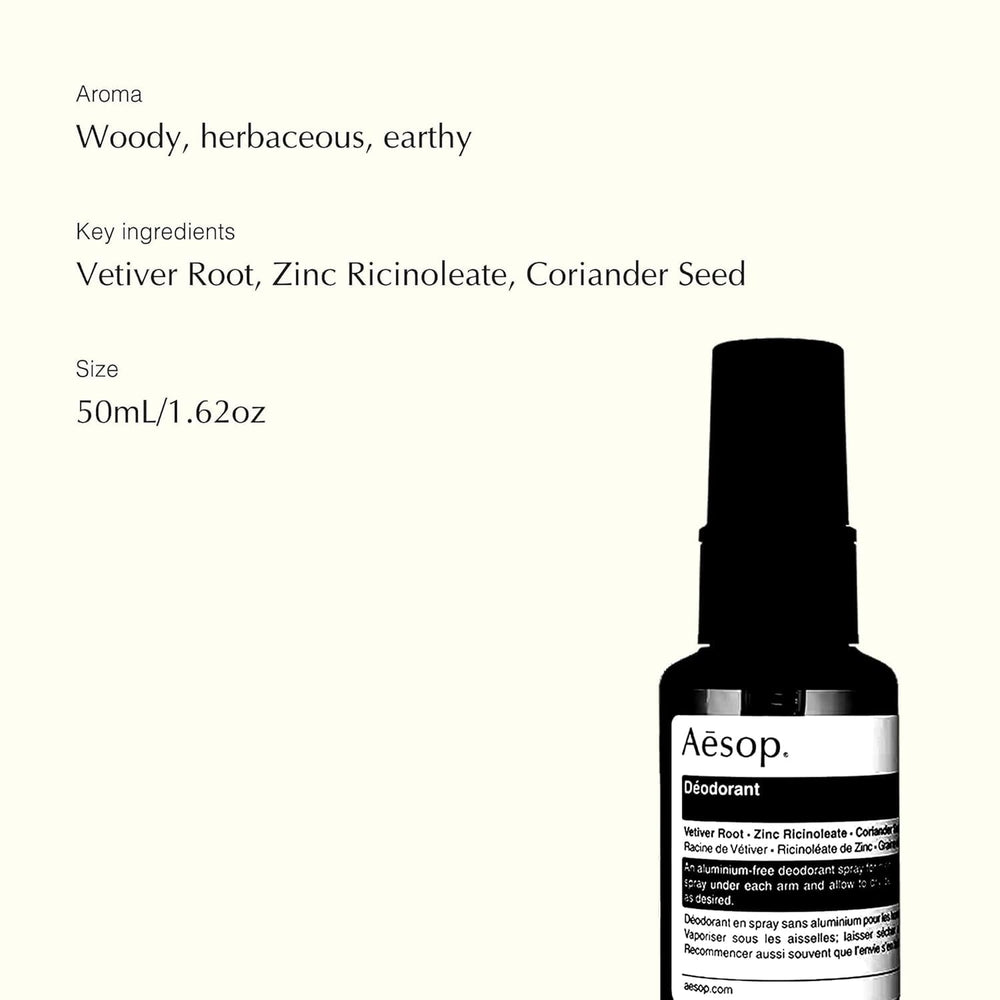 Aesop Deodorant Spray eco-packaging signals recyclable bottle.