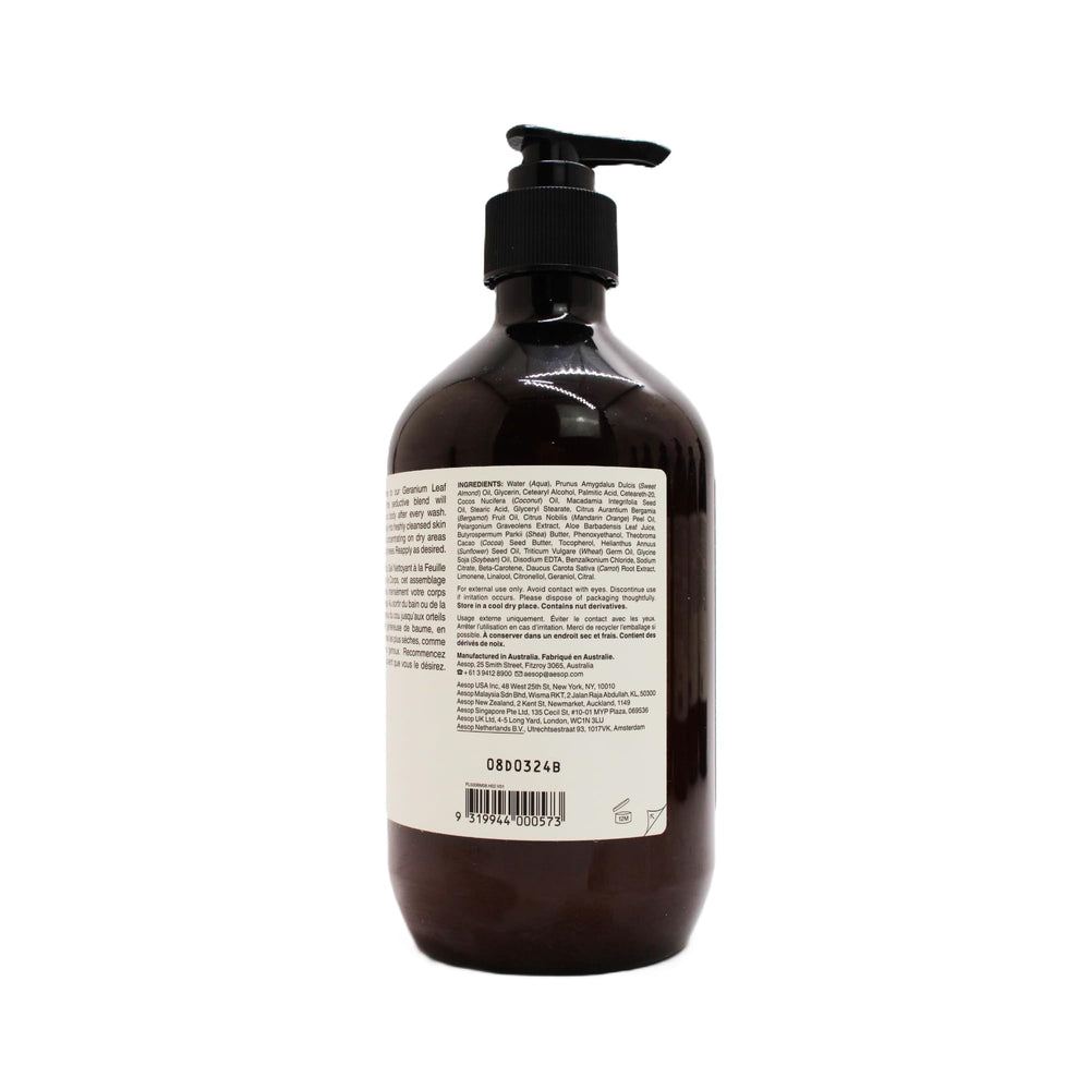 Aesop Geranium Leaf Body Balm eco packaging highlights recycled plastic bottle