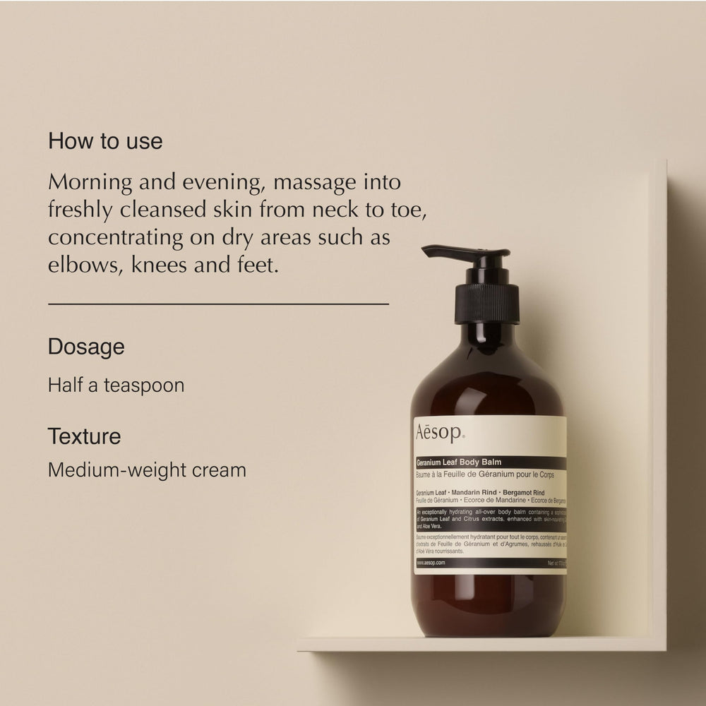 Aesop Geranium Leaf Body Balm ingredients panel highlights botanical hydration boost