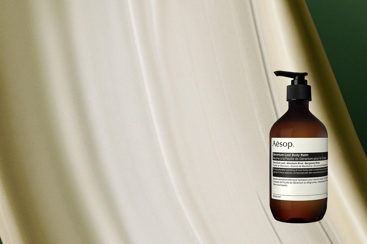 Aesop Geranium Leaf Body Balm texture close-up shows velvety smoothness