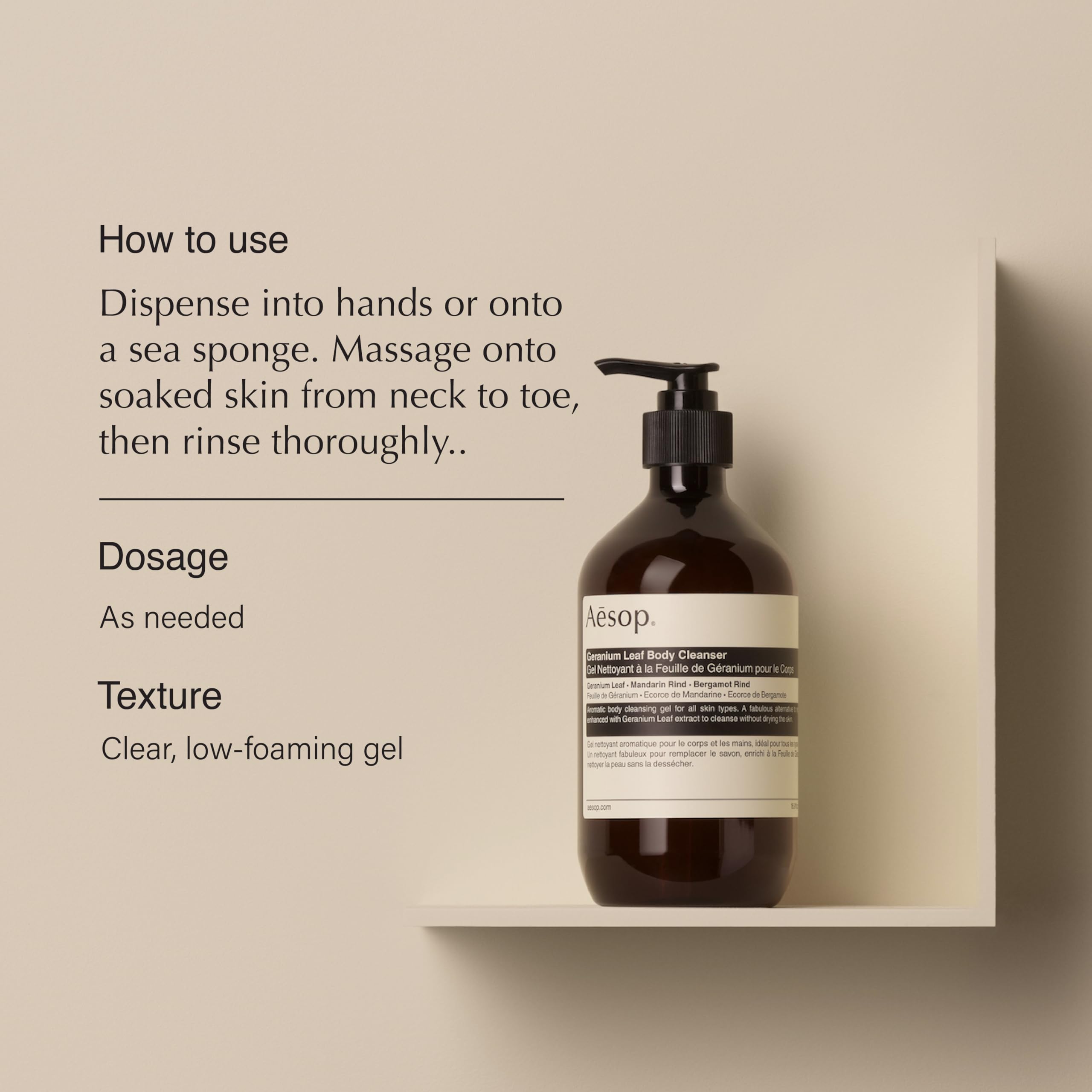 Aesop Geranium Leaf Body Cleanser bottle closeup highlighting gel texture for gentle cleansing.