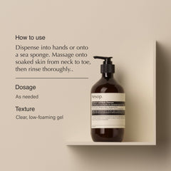 Aesop Geranium Leaf Body Cleanser bottle closeup highlighting gel texture for gentle cleansing.