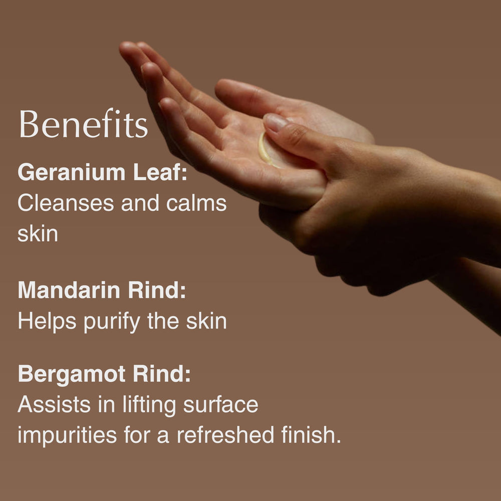 Aesop Geranium Leaf Body Cleanser lather close-up highlights crisp citrus aroma.