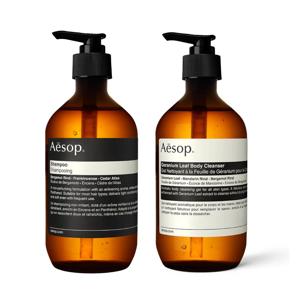 Aesop Geranium Leaf Body Cleanser pour for refreshing cleanse and citrus scent.
