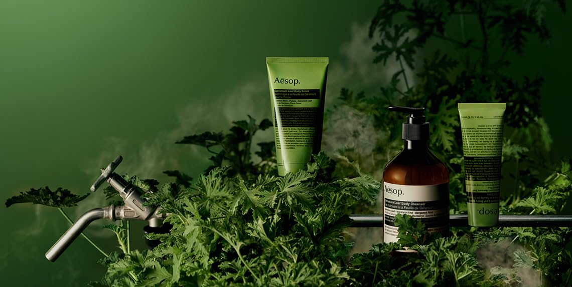 Aesop Geranium Leaf Body Cleanser refill with geranium, mandarin, bergamot ingredients