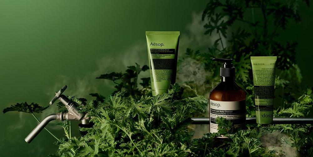 Aesop Geranium Leaf Body Cleanser refill with geranium, mandarin, bergamot ingredients