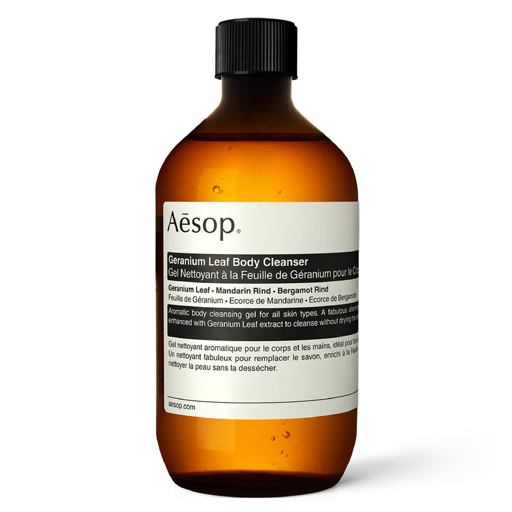 Aesop Geranium Leaf Body Cleanser refill packaging shown for sustainable home use