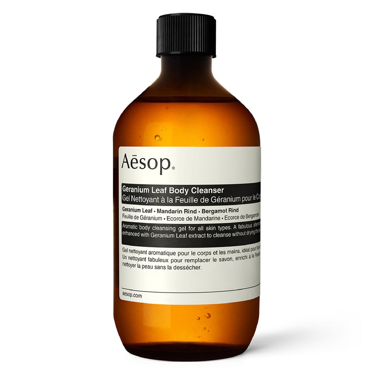 Aesop Geranium Leaf Body Cleanser refill packaging shown for sustainable home use