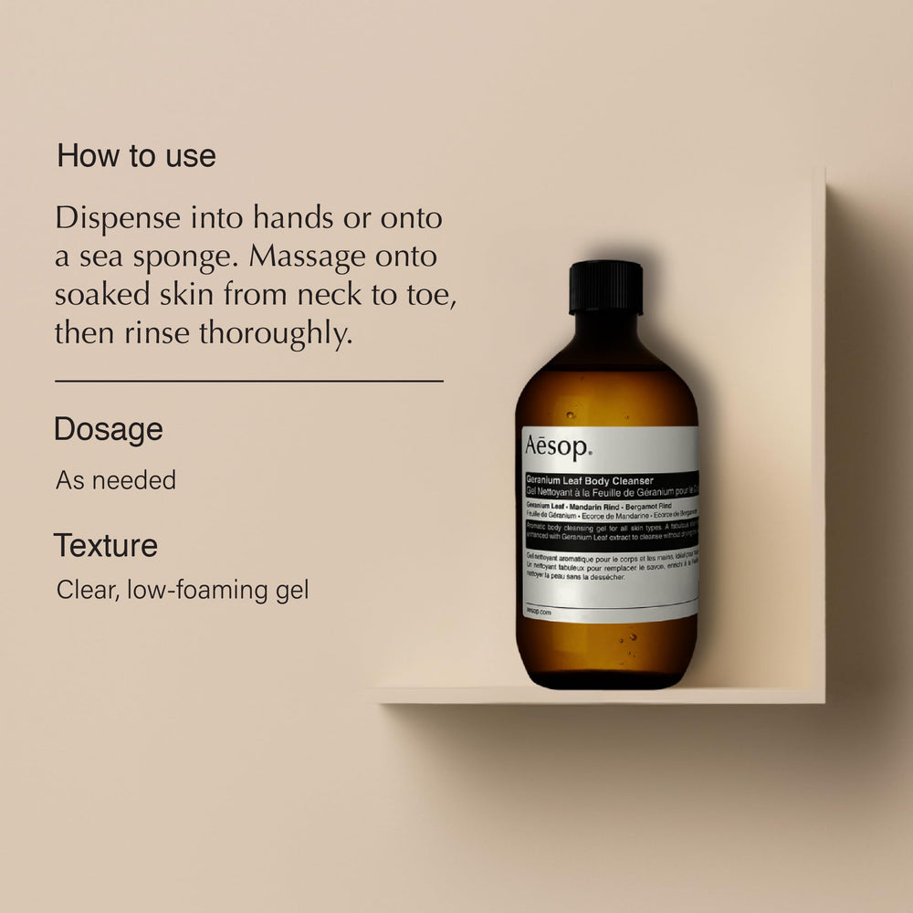 Aesop Geranium Leaf Body Cleanser refill pour action captures easy dispensing