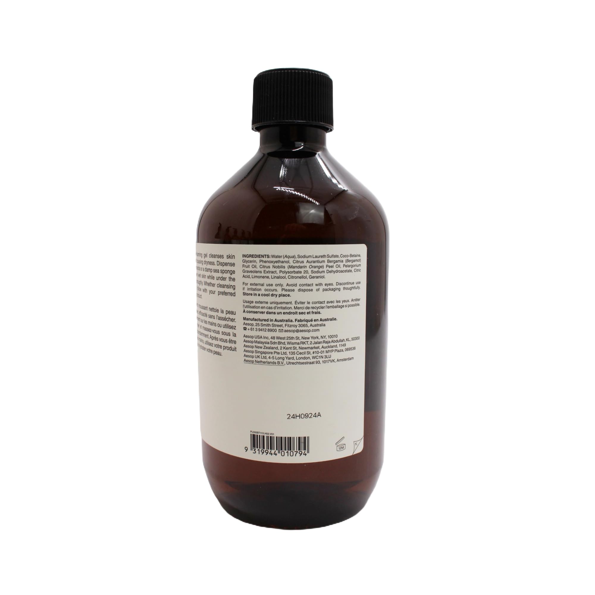 Aesop Geranium Leaf Body Cleanser refill rinse action on skin for renewed feel