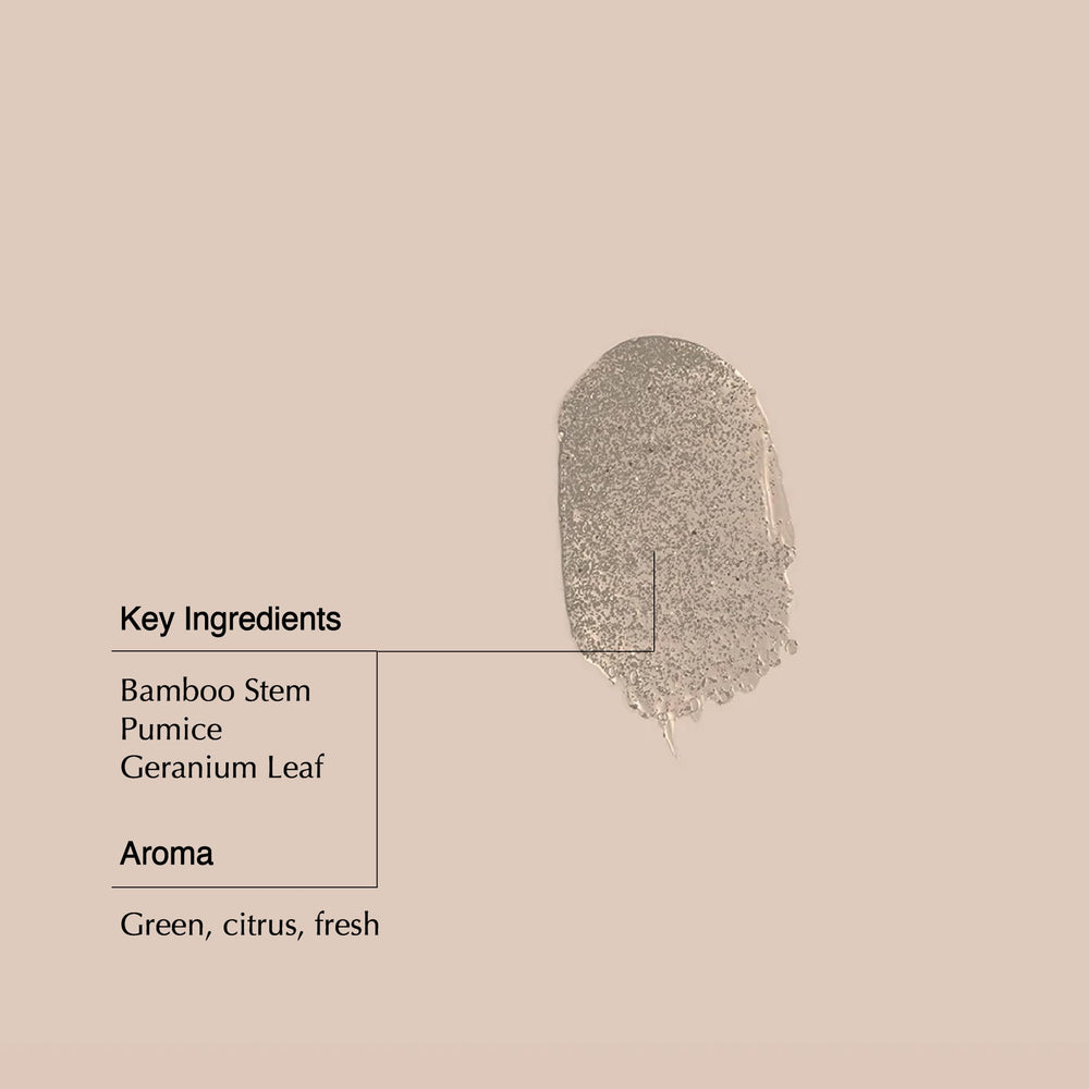 Aesop Geranium Leaf Exfoliating Body Scrub bamboo stem and pumice particles for skin renewal.