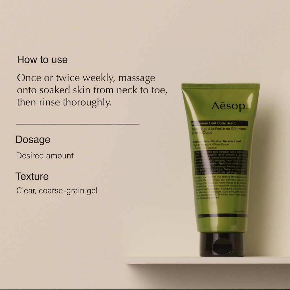 Aesop Geranium Leaf Exfoliating Body Scrub texture close-up showing gentle exfoliation for smooth skin.