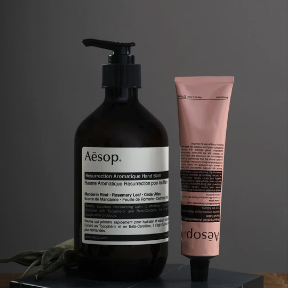 Aesop hand balm ingredients mandarin rind emphasizing citrus notes and skin-softening properties.