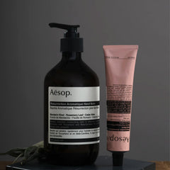 Aesop hand balm ingredients mandarin rind emphasizing citrus notes and skin-softening properties.