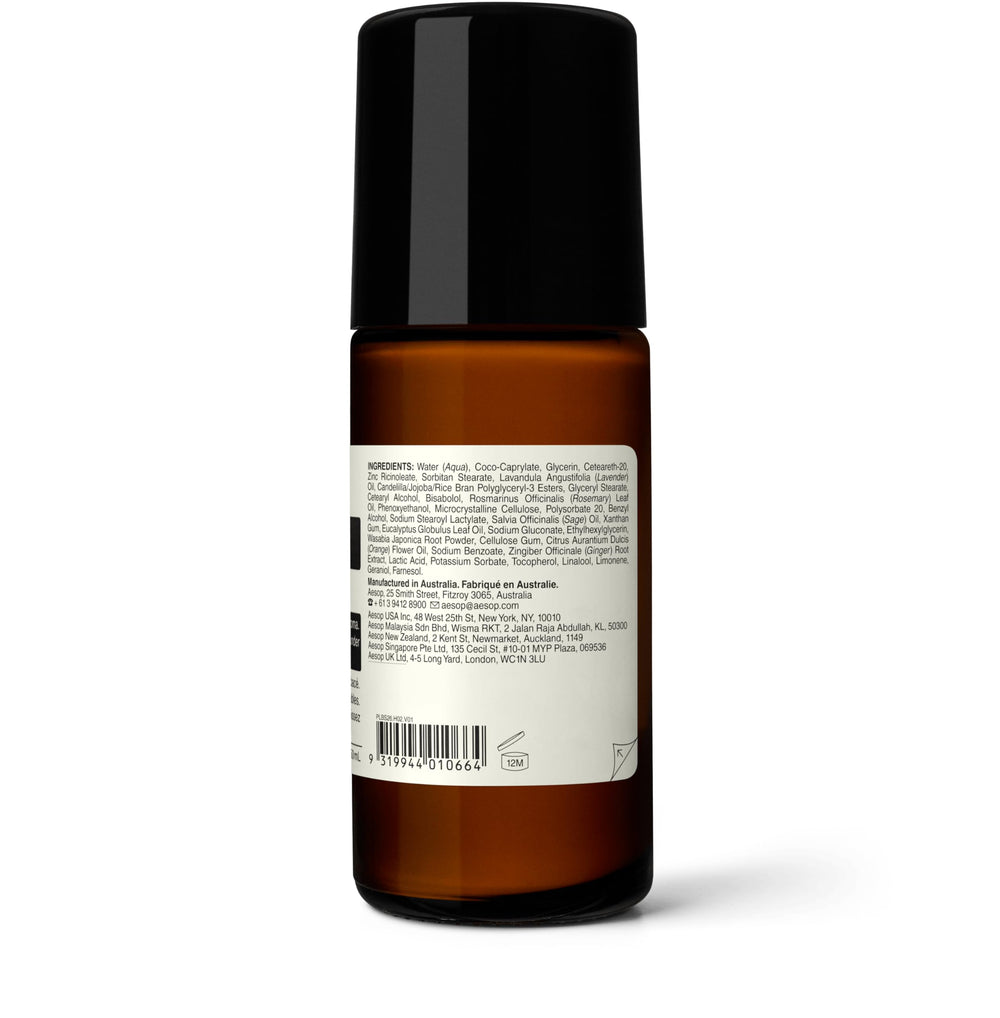 Aesop Herbal Deodorant Roll-On bottle close-up premium packaging and sustainability