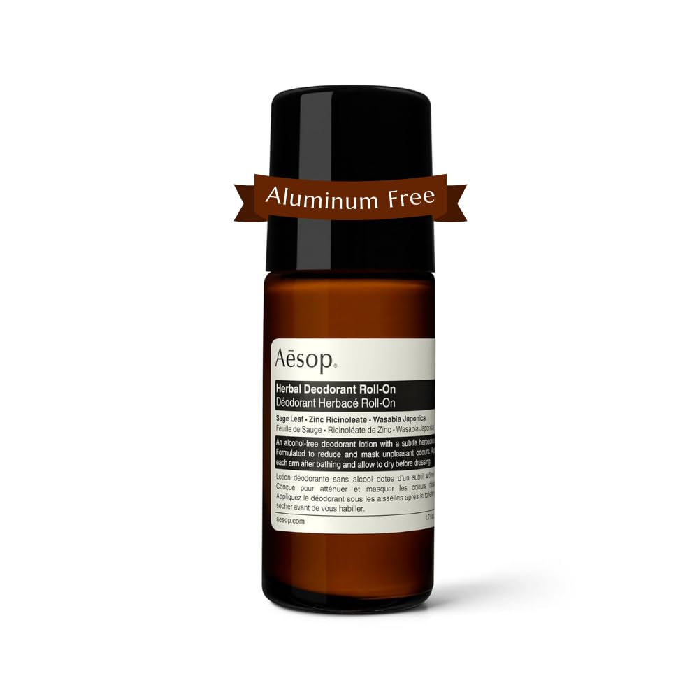 Aesop Herbal Deodorant Roll-On sage leaf bottle showing refreshing underarms