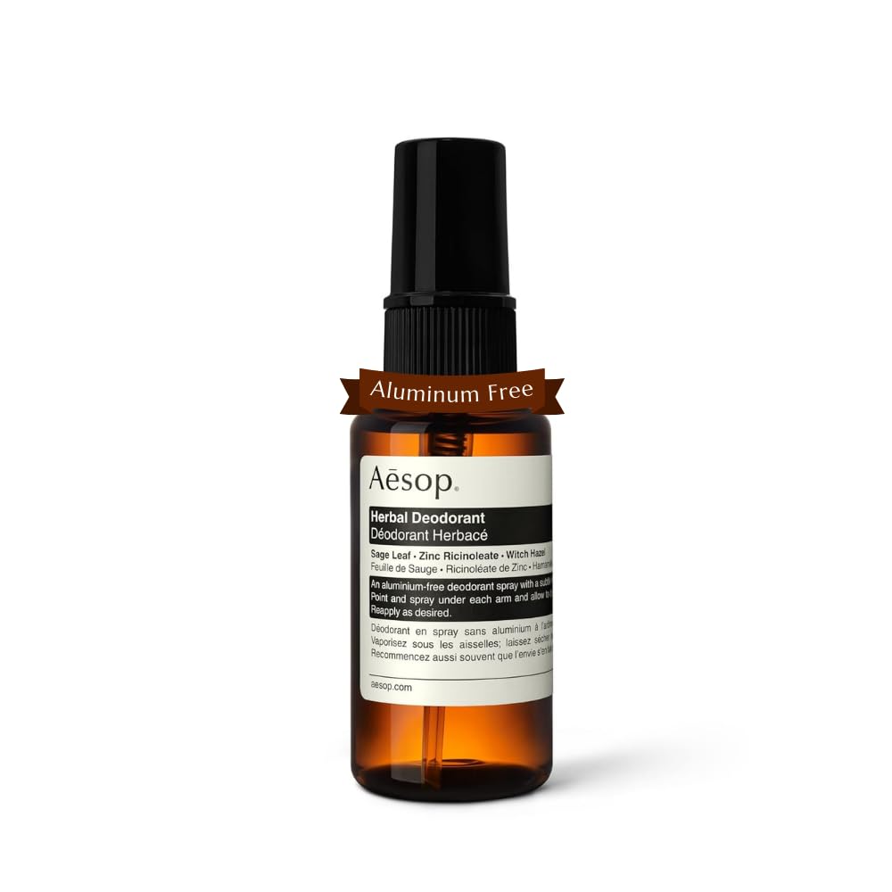 Aesop Herbal Deodorant Spray bottle front, aluminum-free freshness for daily confidence.
