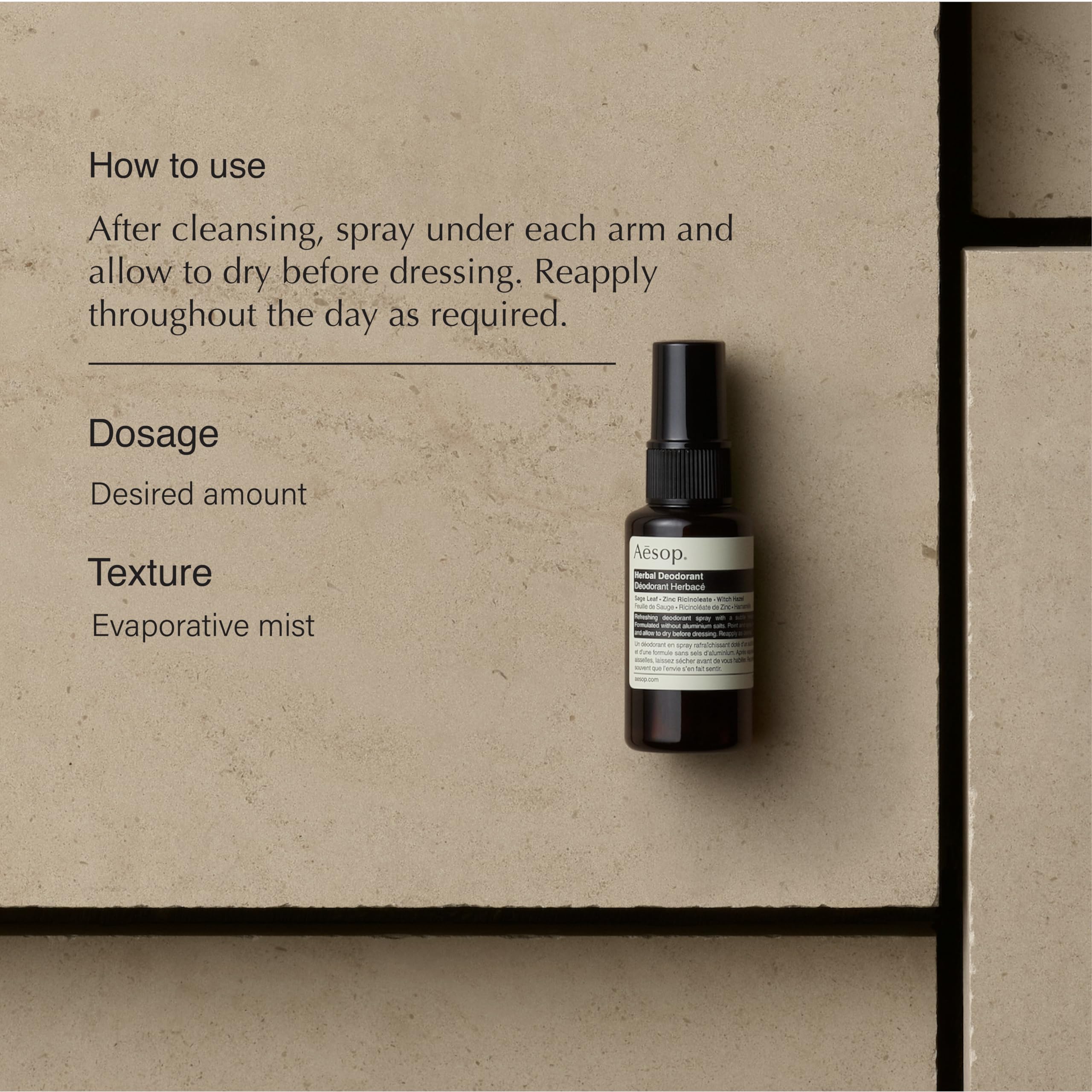 Aesop Herbal Deodorant Spray mist underarm application for cooling relief and odor masking.