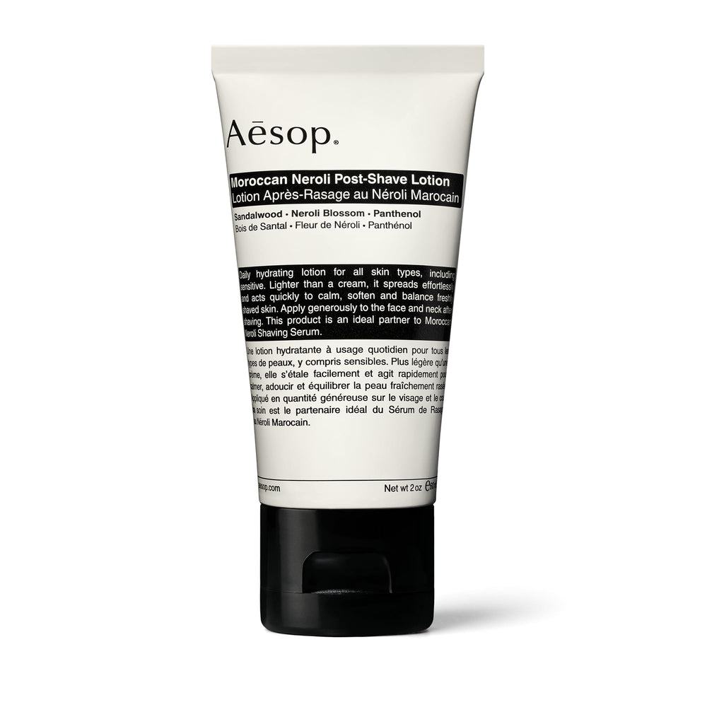 Aesop Moroccan Neroli Post Shave Lotion bottle showing balanced hydration after shaving.