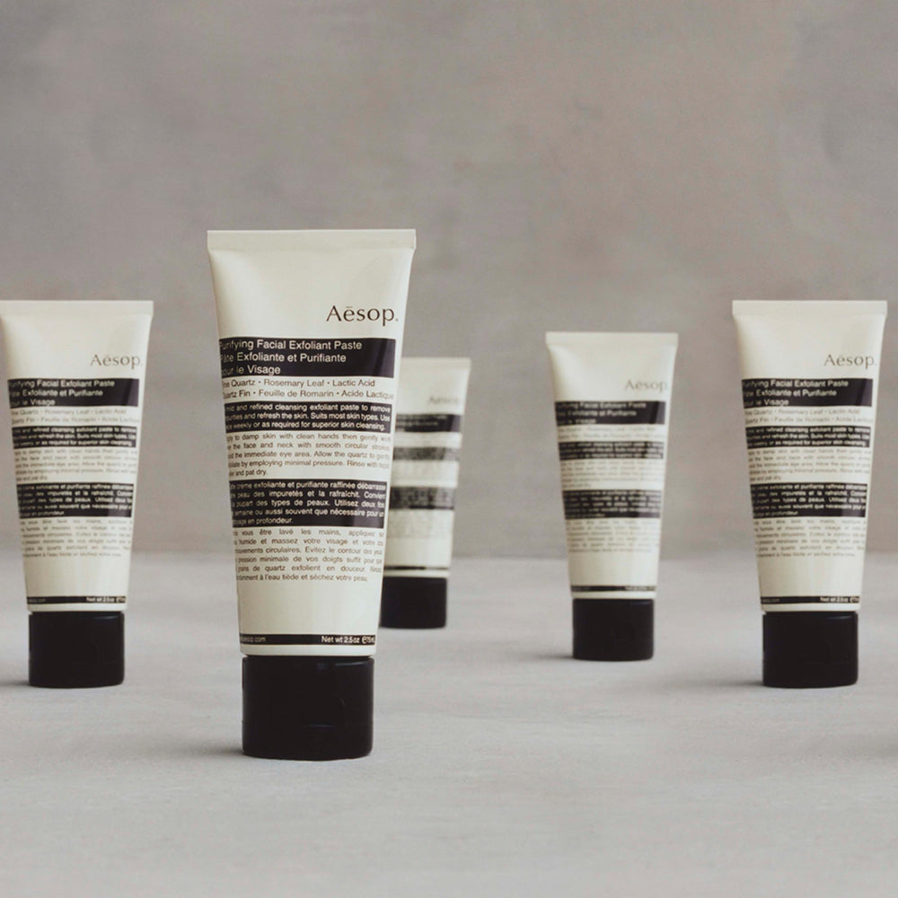 Aesop Purifying Facial Exfoliant Paste with rosemary leaf for aromatic cleansing.