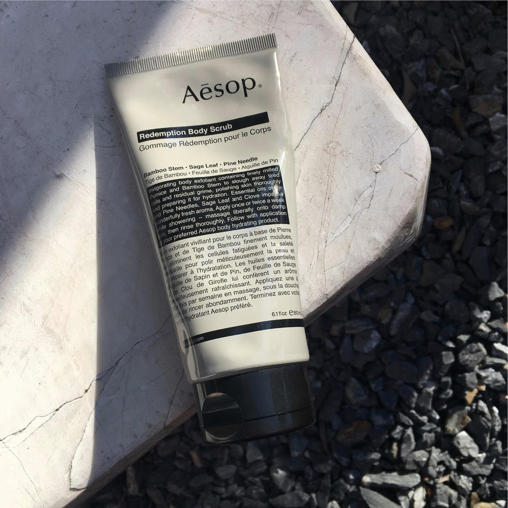 Aesop Redemption Body Scrub ingredients like bamboo stem, sage leaf, pine needle