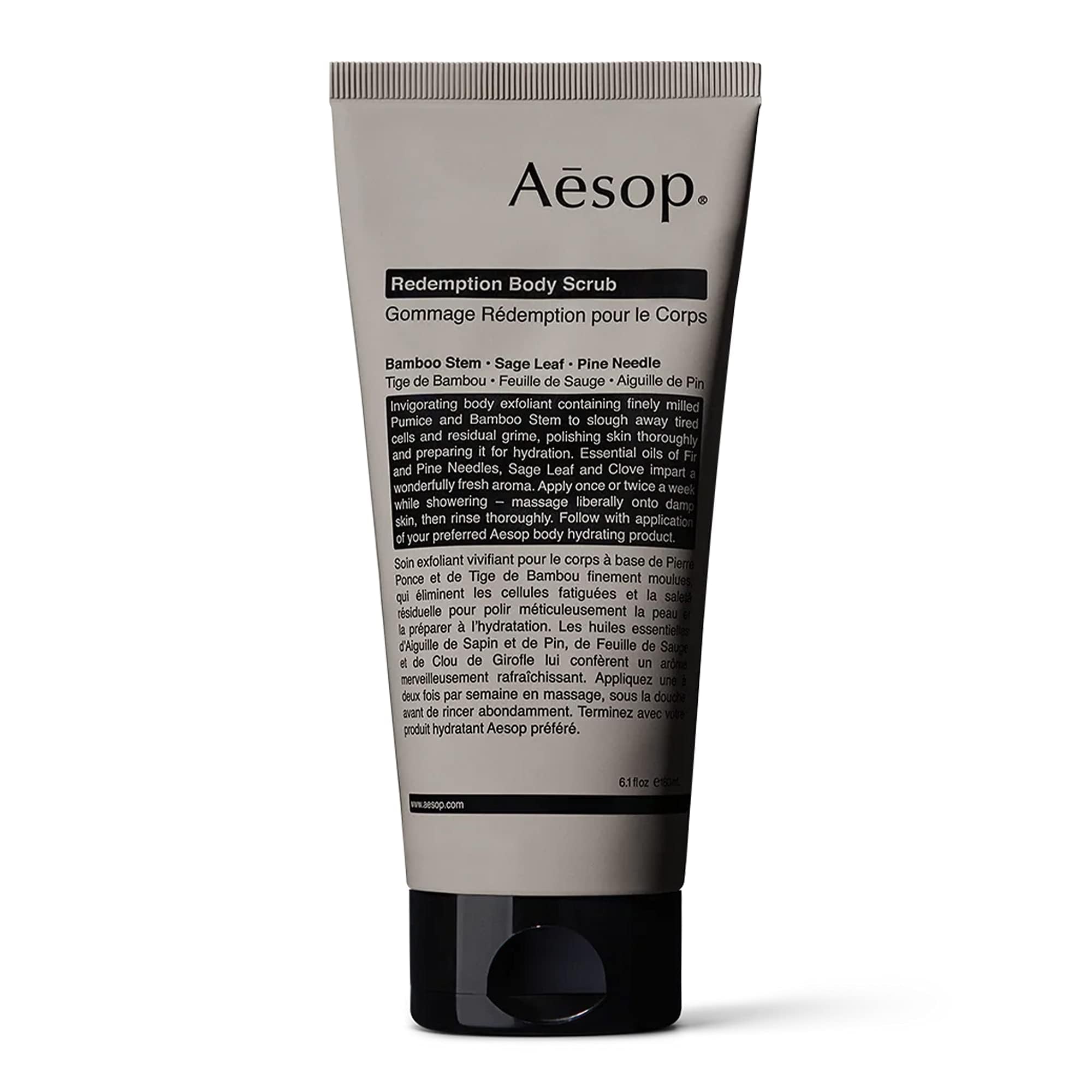 Aesop Redemption Body Scrub packshot for exfoliation prep and smoother skin