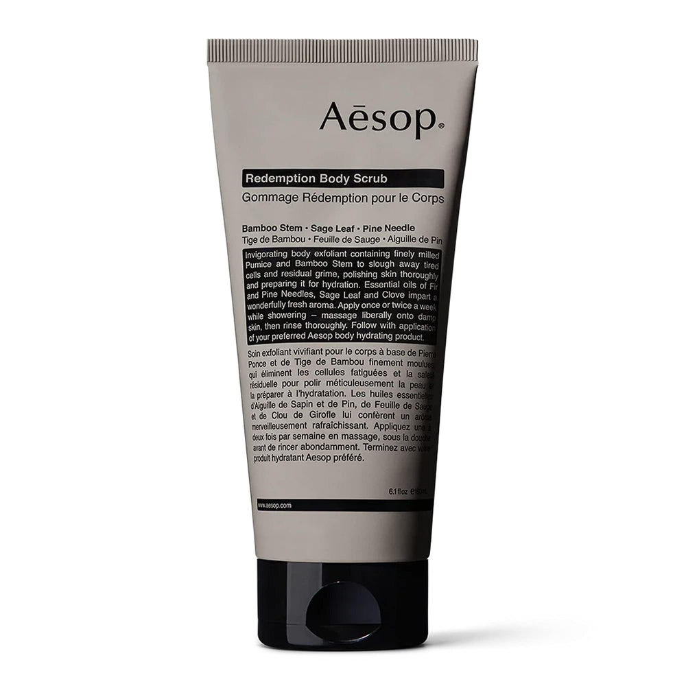 Aesop Redemption Body Scrub packshot for exfoliation prep and smoother skin