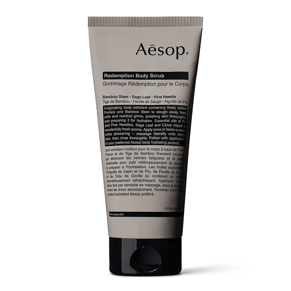 Aesop Redemption Body Scrub packshot for exfoliation prep and smoother skin