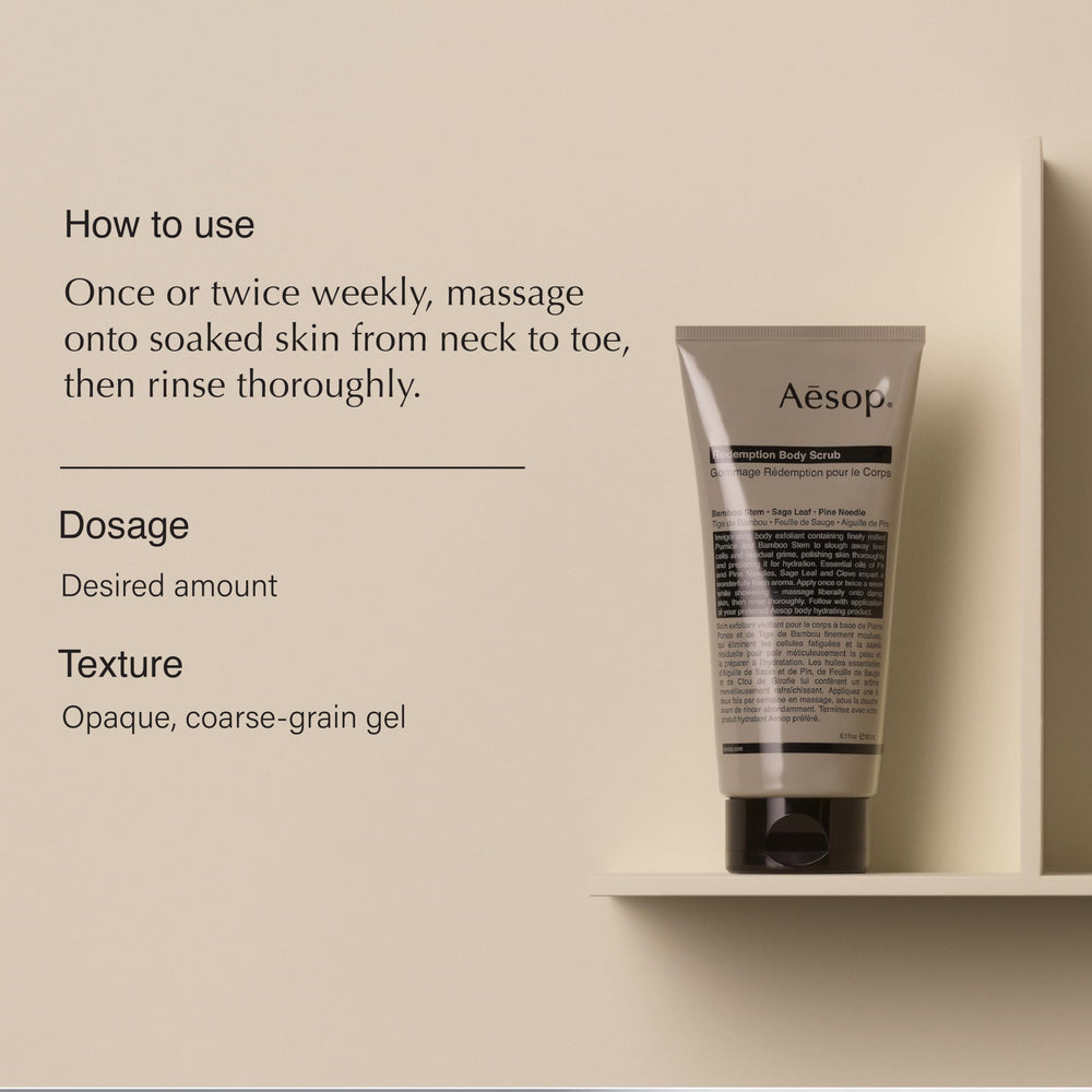 Aesop Redemption Body Scrub texture close-up shows finely milled pumice for buffing
