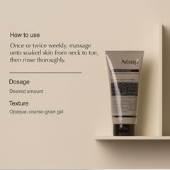 Aesop Redemption Body Scrub texture close-up shows finely milled pumice for buffing