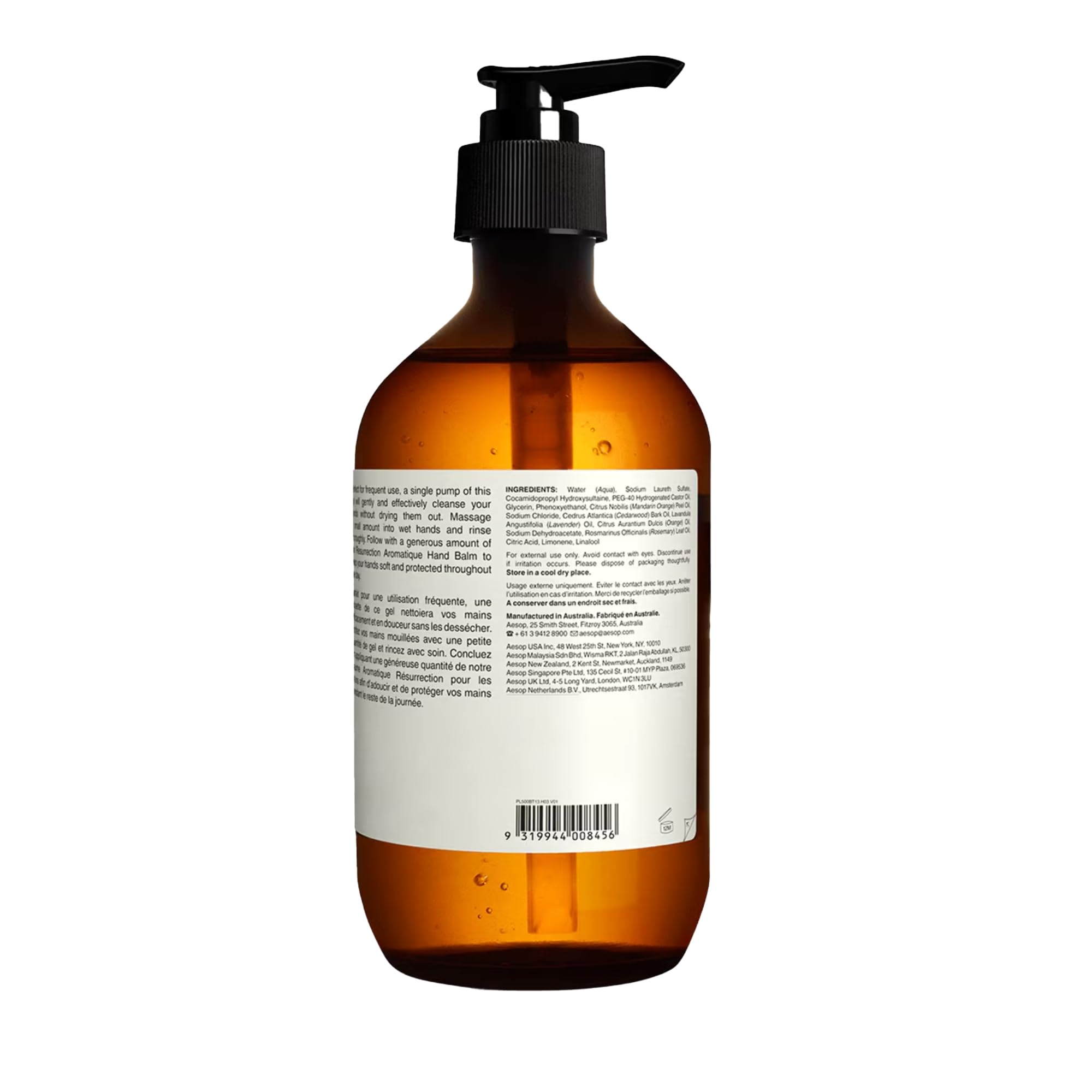 Aesop Resurrection Aromatique Hand Wash bottle close-up with clean aesthetic and minimalist branding.