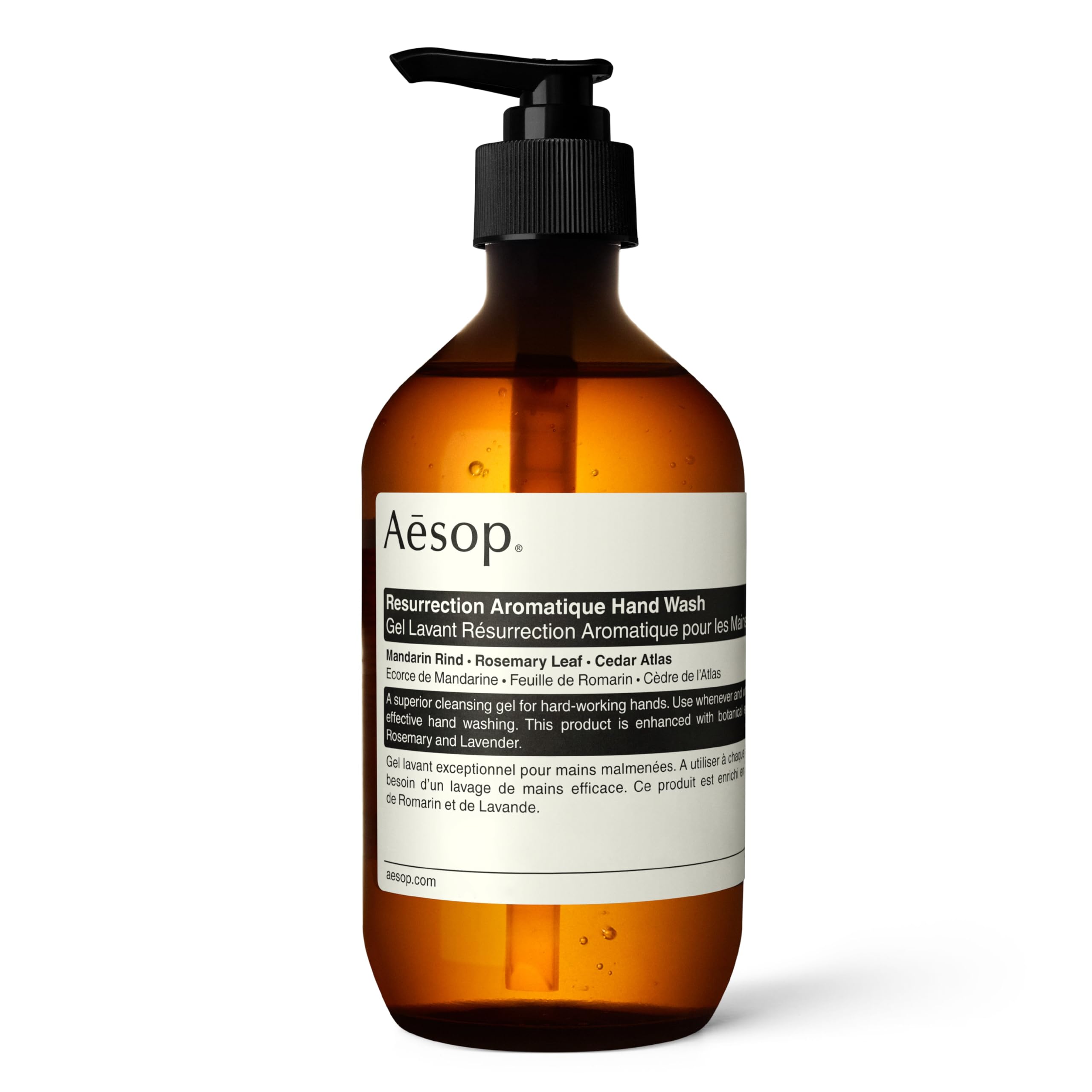 Aesop Resurrection Aromatique Hand Wash bottle with pump offers a citrus-woody cleanse for refreshed hands.