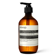 Aesop Resurrection Aromatique Hand Wash bottle with pump offers a citrus-woody cleanse for refreshed hands.